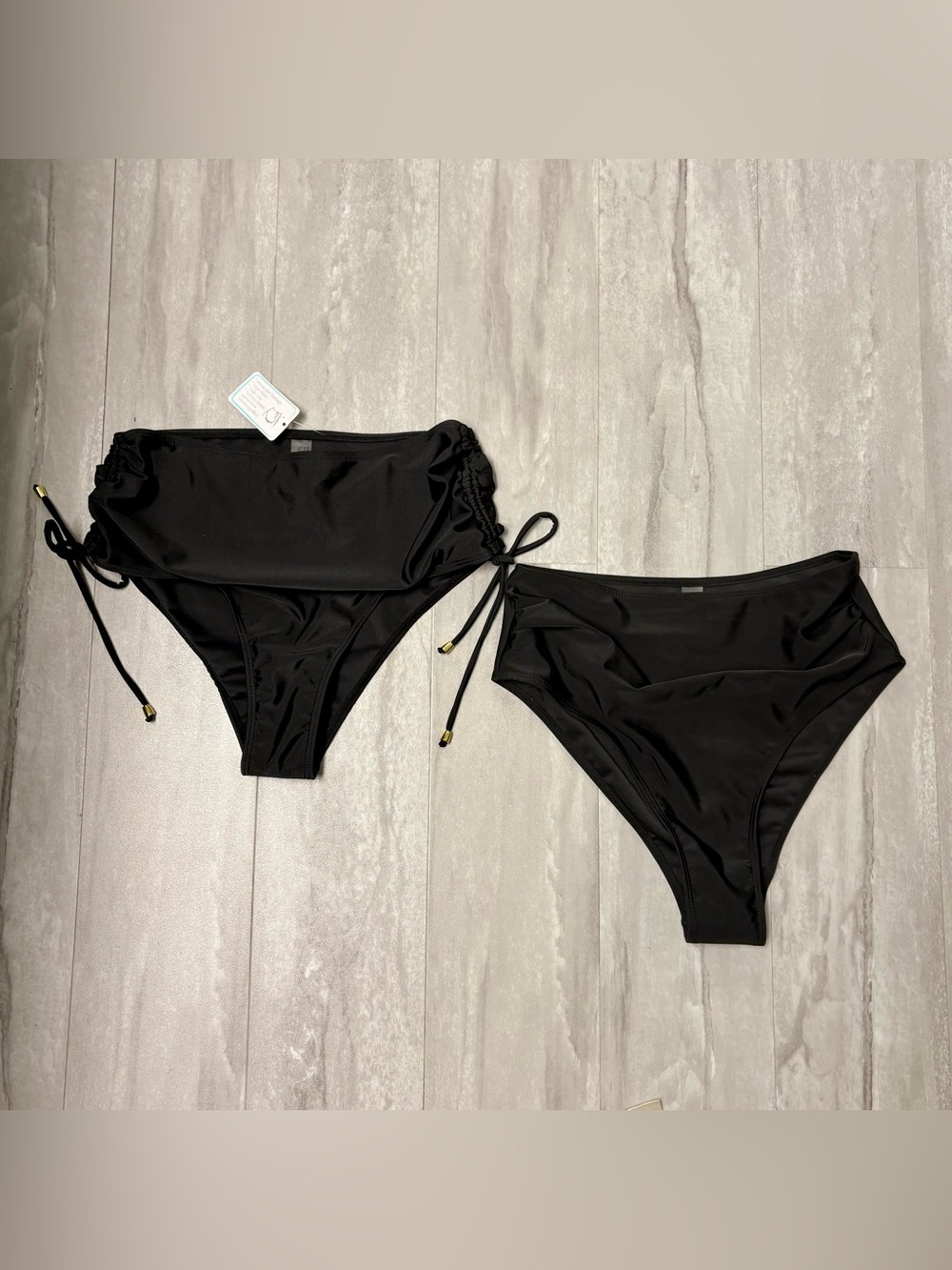 2pc Black High Waisted Bikini Bottoms Ruched Side Tie High Rise Swim Bundle. Med